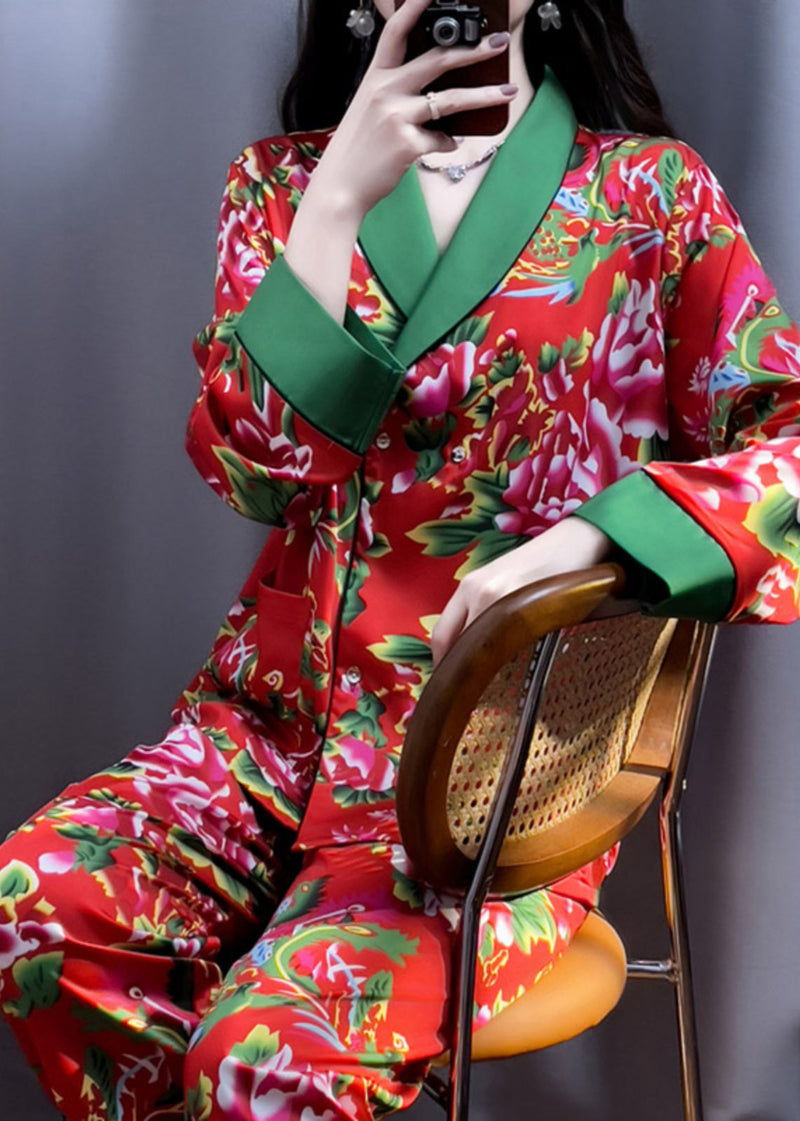 Red V Neck Print Top and Pants Silk Two Pieces Set Long Sleeve