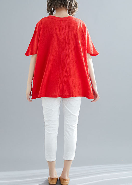 Red V Neck Wrinkled Cotton Tops Summer