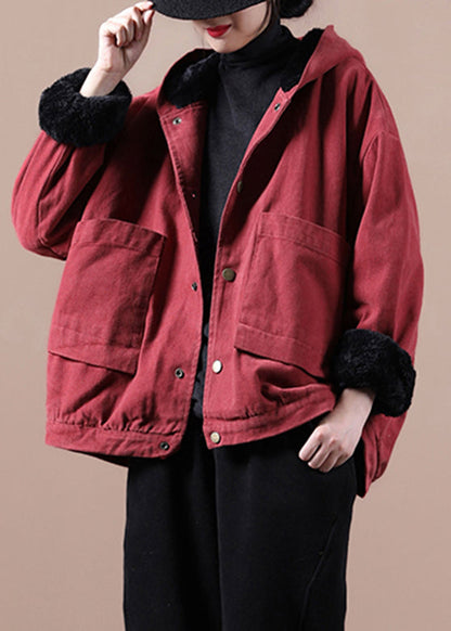Red Warm Fleece Button Low High Design Hooded Coat Winter