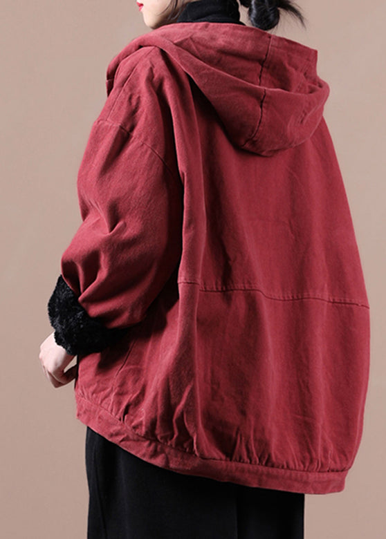 Red Warm Fleece Button Low High Design Hooded Coat Winter