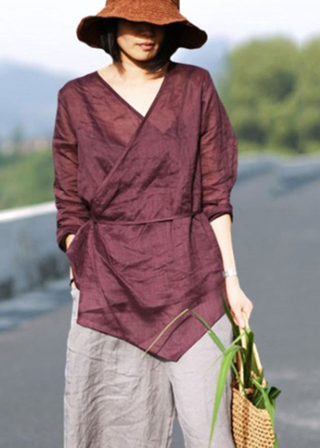 Red Tie Waist V Neck Asymmetrical Design Linen Top Three Quarter Sleeve