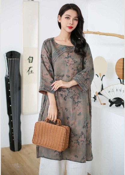 Rose Embroideried Print Patchwork Linen Mid Dress Spring