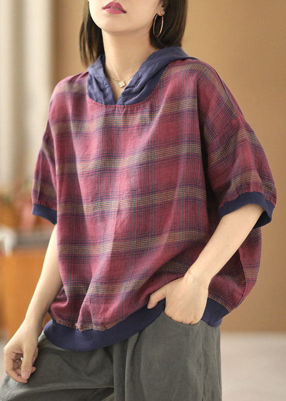 Rose Hooded Patchwork Striped Cotton Linen Top Short Sleeve