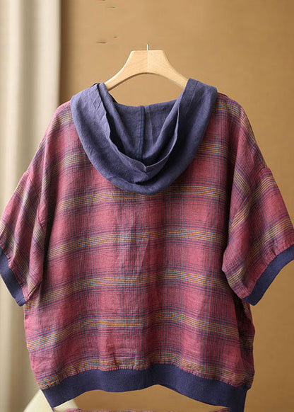 Rose Hooded Patchwork Striped Cotton Linen Top Short Sleeve