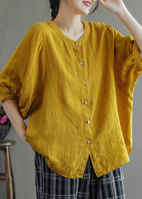 Rose O-neck Button Low High Design Linen Shirt Half Sleeve