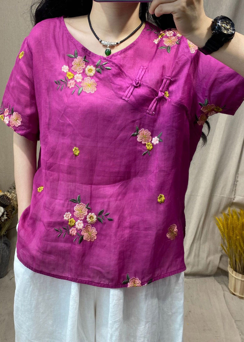 Rose O-neck Embroideried Button Side Open Linen Shirt Short Sleeve