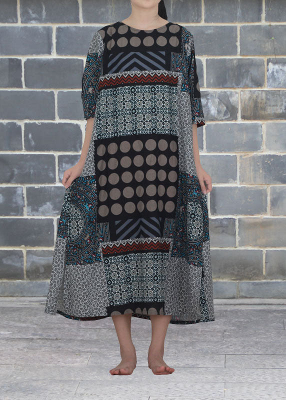 Rose O Neck Print Patchwork Cotton Dresses Summer