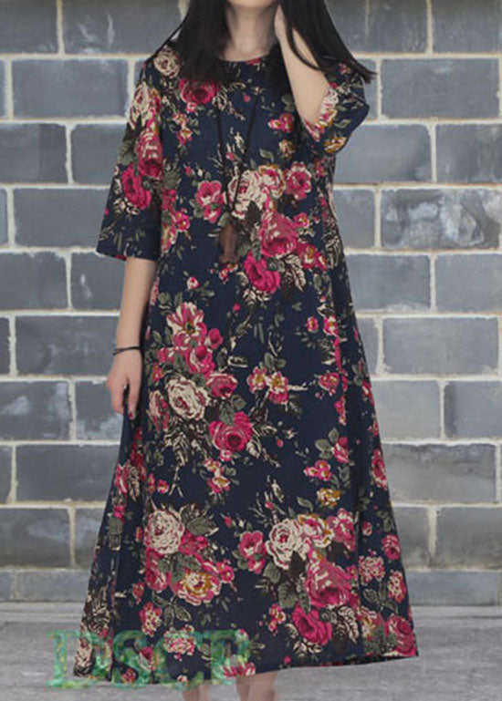 Rose O Neck Print Patchwork Cotton Dresses Summer