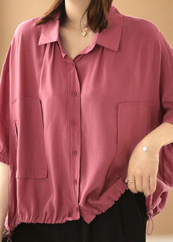 Rose Peter Pan Collar Drawstring Pockets Shirt Top Bracelet Sleeve