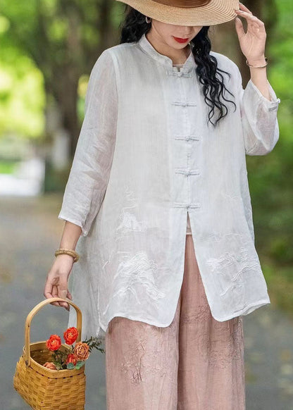 Rose Stand Collar Embroidered Chinese Button Linen Top Summer