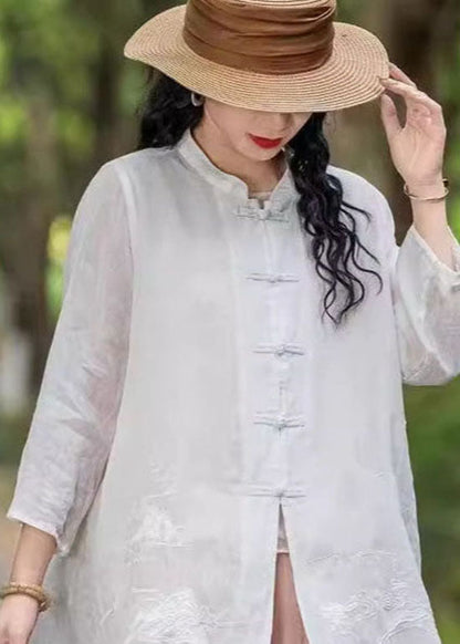 Rose Stand Collar Embroidered Chinese Button Linen Top Summer