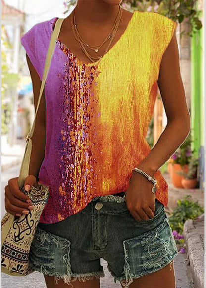 Rose V Neck Print Tops Sleeveless