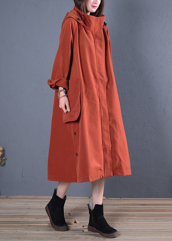 Rust Hooded Pockets Thick Cotton Trench Coats Spring