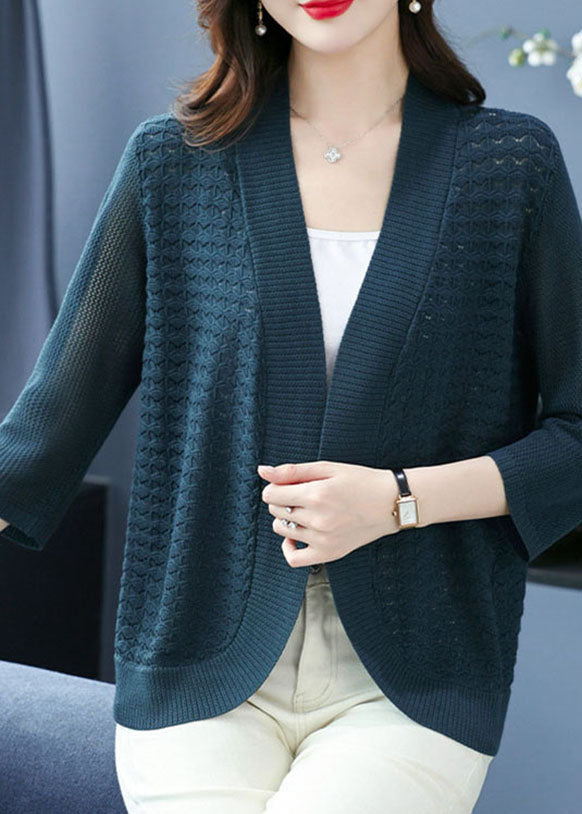 Sea Blue V Neck Patchwork Ice Size Knit Cardigan Bracelet Sleeve