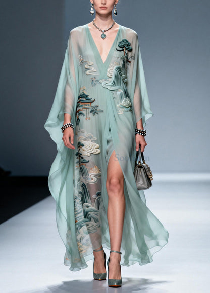 Sky Blue Print Side Open Chiffon Holiday Dress Summer