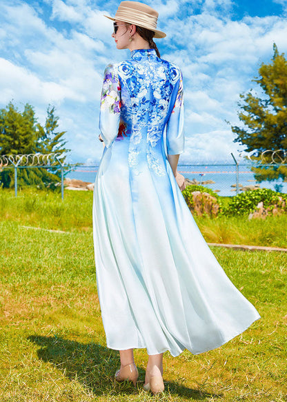 Sky Blue Stand Collar Print Exra Large Hem Silk Dress Cheongsam Bracelet Sleeve