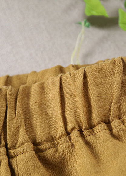 Yellow Elastic Waist Wrinkled Linen Beach Shorts Summer