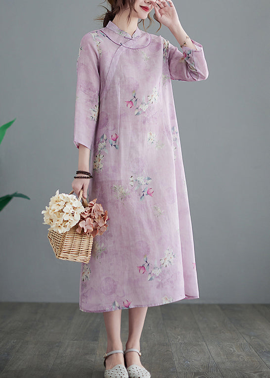 Stand Collar Button Print Linen Cheongsam Dress Three Quarter Sleeve