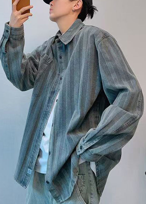 Striped Peter Pan Collar Button Denim Shirts Spring
