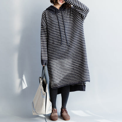 Sweater Knit Top Pattern Moda Hooded Gray Striped Mujer Knit Dress
