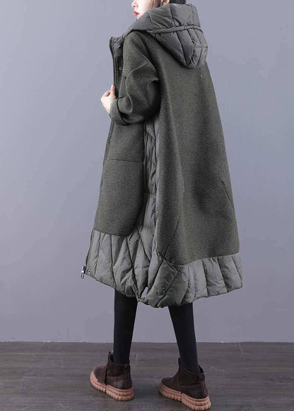 Tea Green Hooded Patchwork Woolen Winter Coat