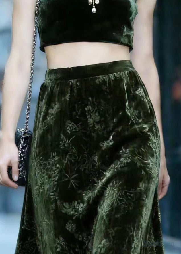 Tea Green Oversized Jacquard Silk Velvet Skirts Spring