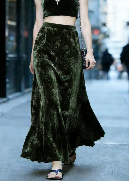 Tea Green Oversized Jacquard Silk Velvet Skirts Spring