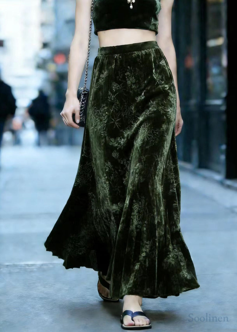 Tea Green Oversized Jacquard Silk Velvet Skirts Spring