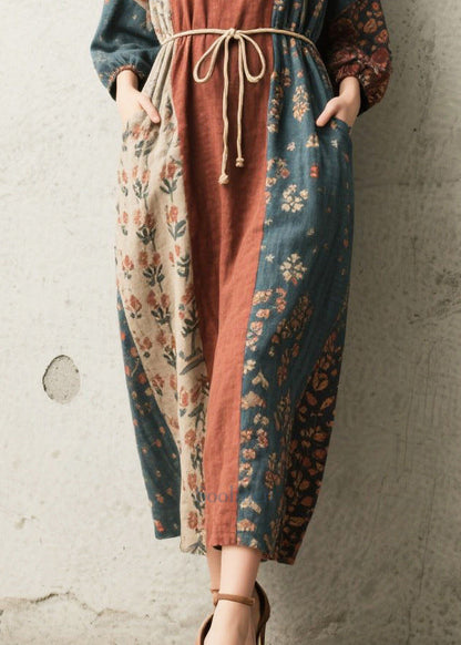 Tie Waist Print Cotton Vacation Dress Fall