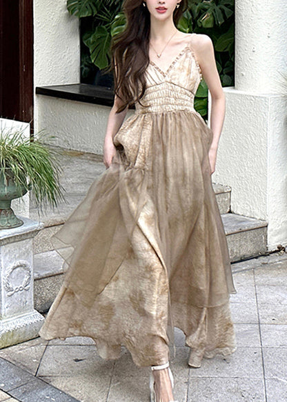 V Neck Patchwork Wrinkled Tulle Long Slip Dresses Sleeveless