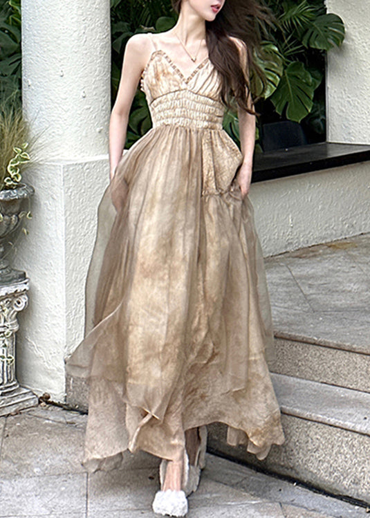 V Neck Patchwork Wrinkled Tulle Long Slip Dresses Sleeveless