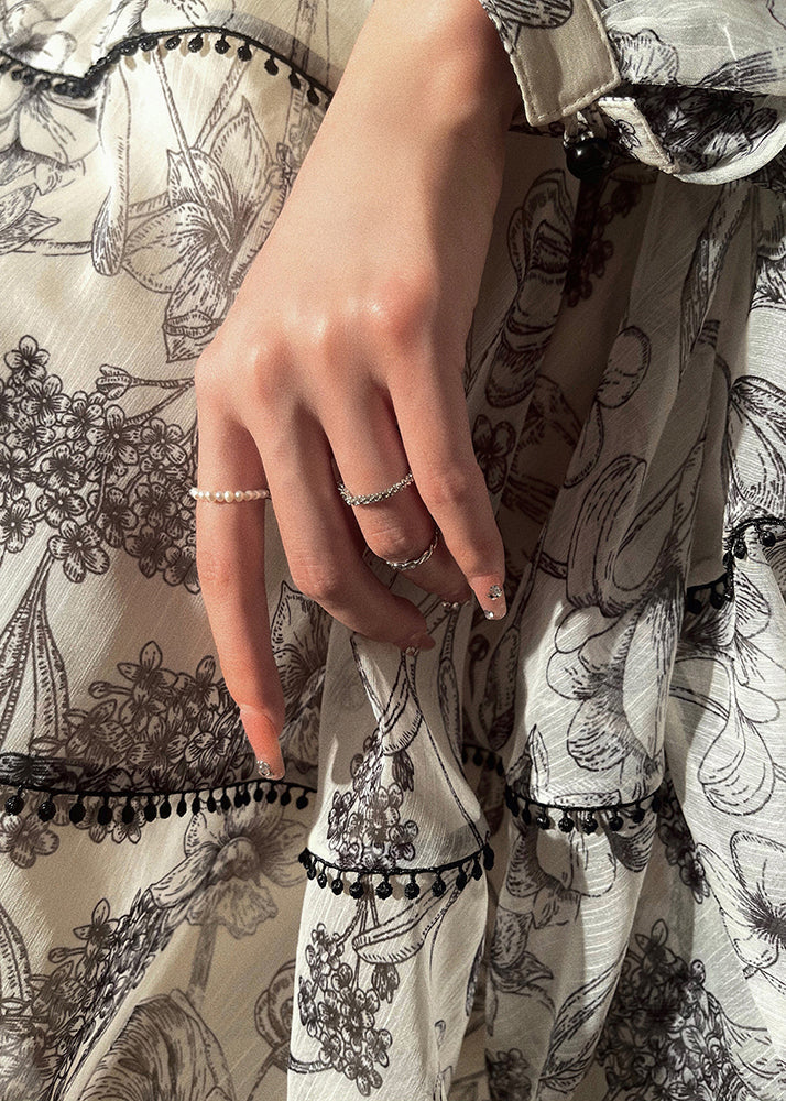V Neck Print Chiffon Mid Dress Lantern Sleeve