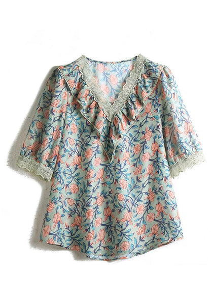 V Neck Print Chiffon Tops Short Sleeve