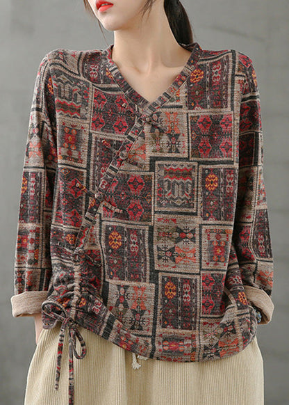 Vintage V Neck Print Drawstring Top Spring