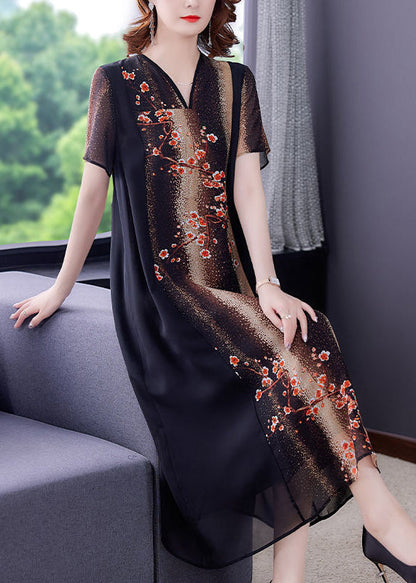 V Neck Print Patchwork Silk Maxi Dress Short Sleeve