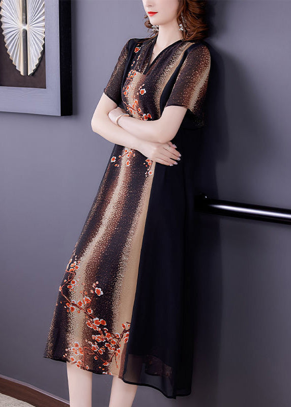 V Neck Print Patchwork Silk Maxi Dress Short Sleeve