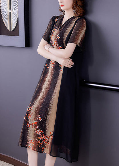 V Neck Print Patchwork Silk Maxi Dress Short Sleeve