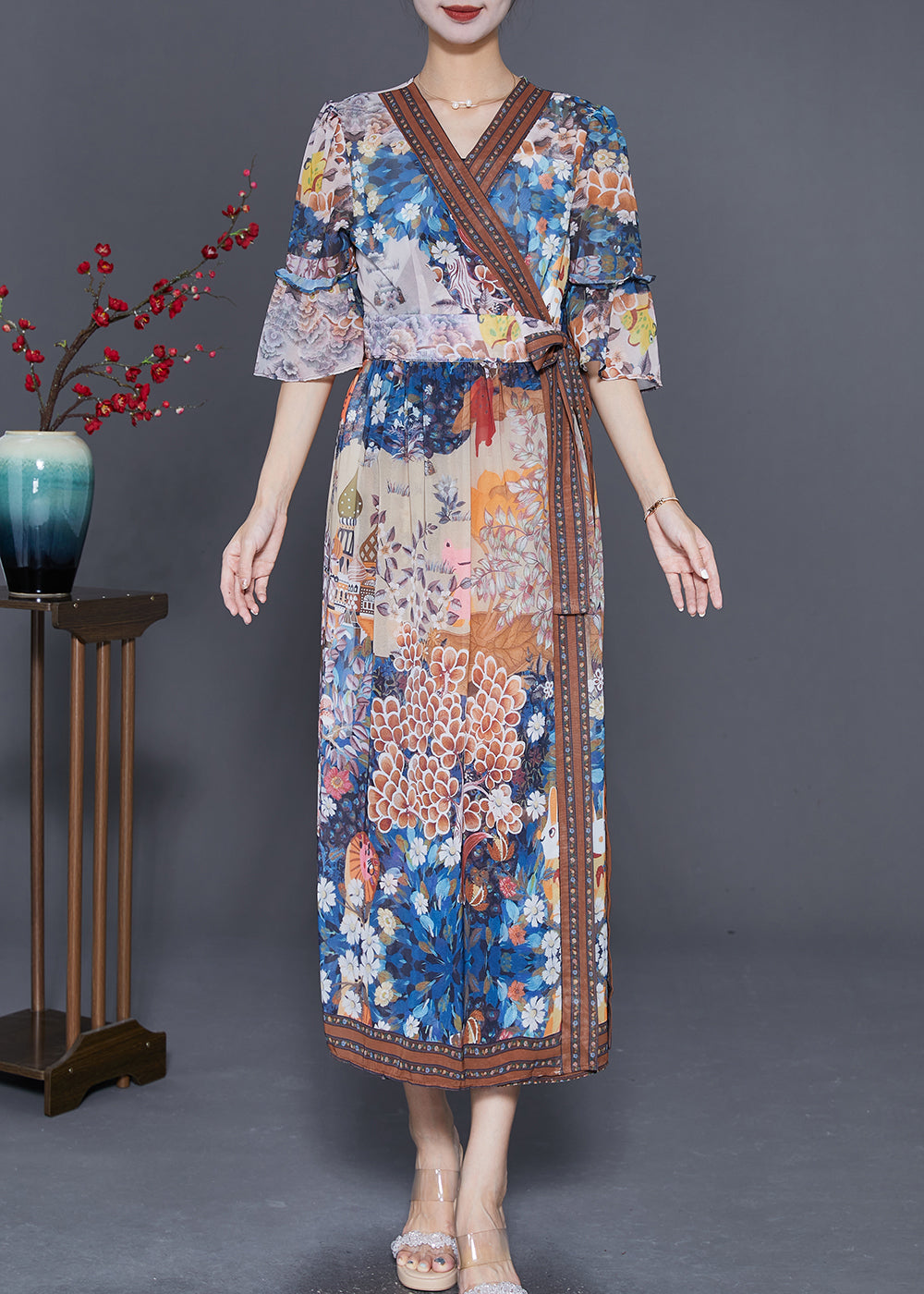 V Neck Print Tie Waist Chiffon Dress Summer