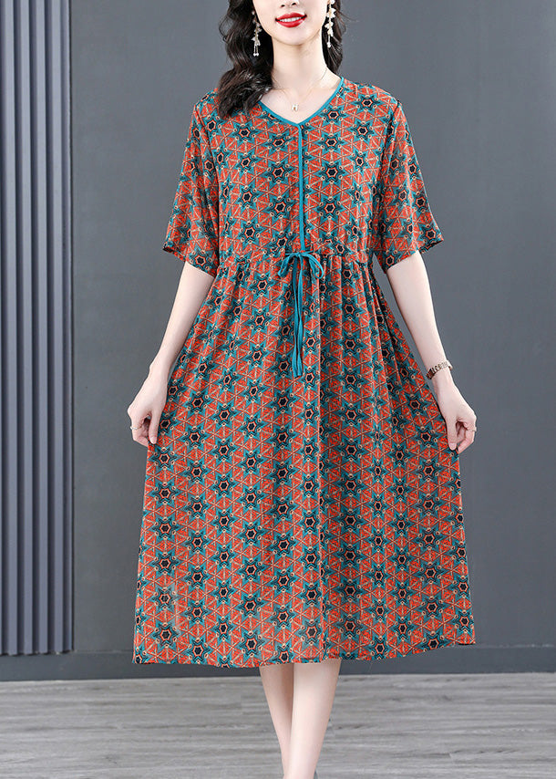 V Neck Print Wrinkled Tie Waist Long Dresses Summer