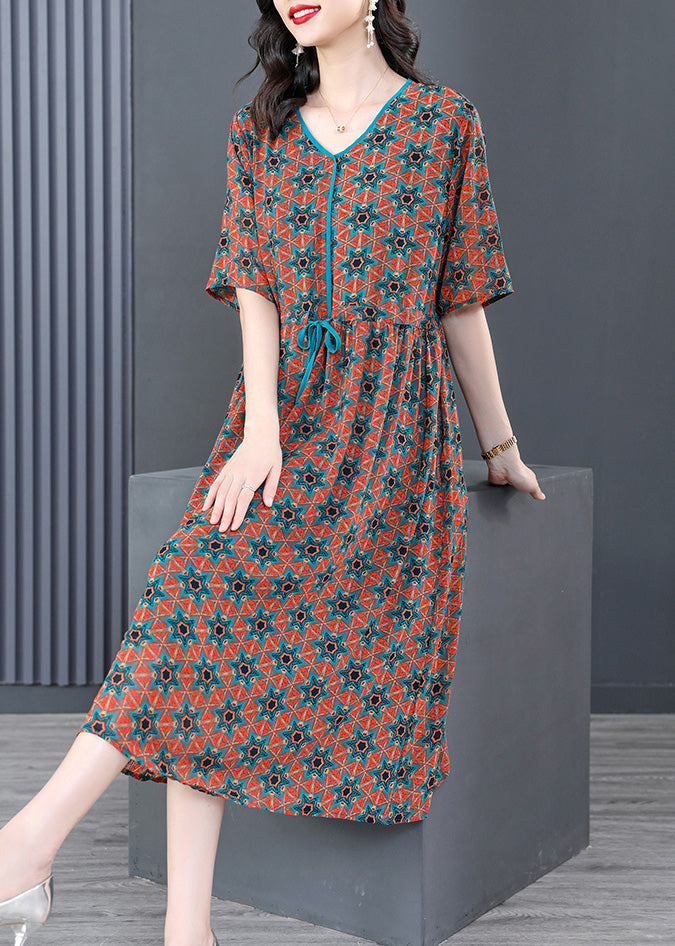 V Neck Print Wrinkled Tie Waist Long Dresses Summer