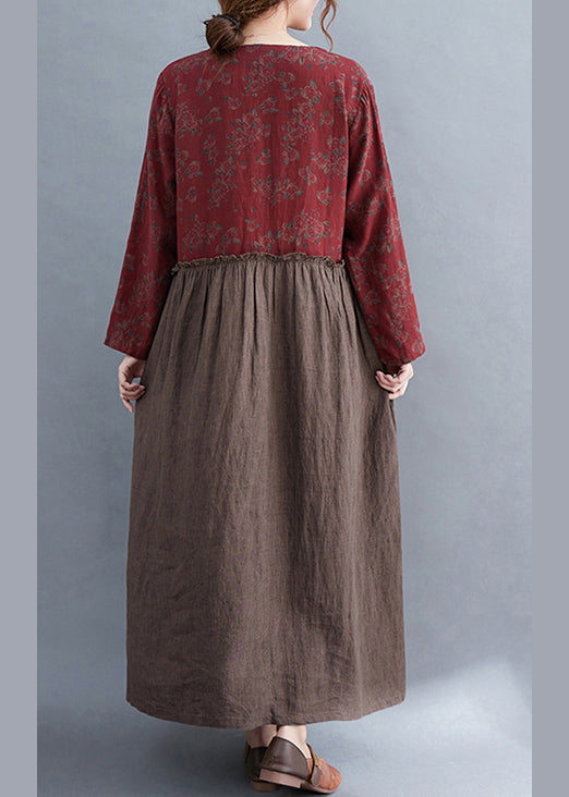 V Neck Tie Waist Ruffled Patchwork Print Linen Dress Long Sleeve