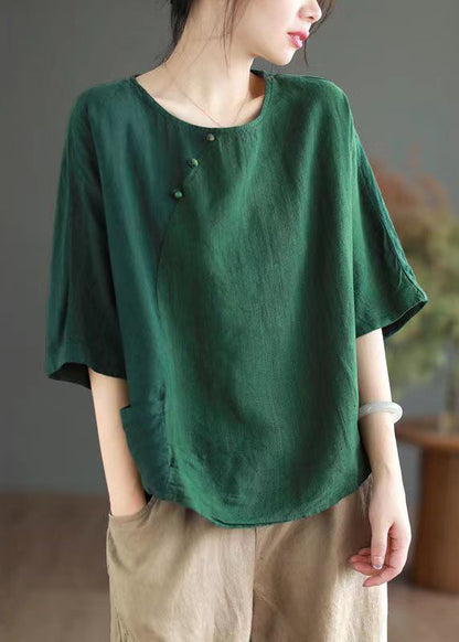 Green O Neck Linen T Shirts Half Sleeve