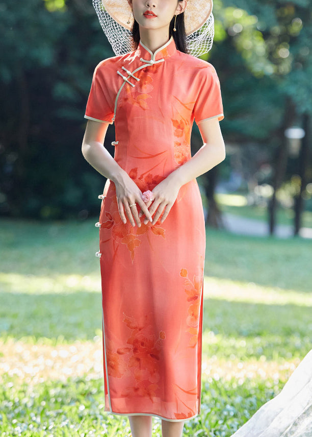 Watermelon Red Mandarin Collar Print Silk Cheongsam Dresses Short Sleeve