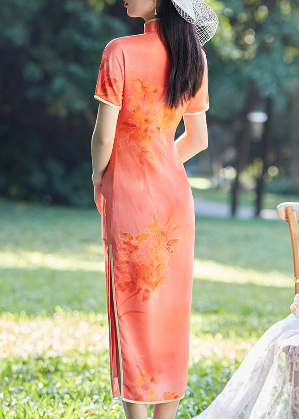 Watermelon Red Mandarin Collar Print Silk Cheongsam Dresses Short Sleeve