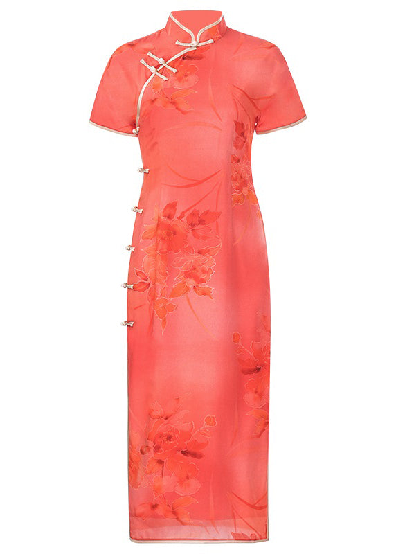 Watermelon Red Mandarin Collar Print Silk Cheongsam Dresses Short Sleeve