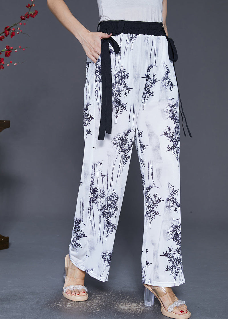 White Bamboo Print Draping Chiffon Straight Pants Fall