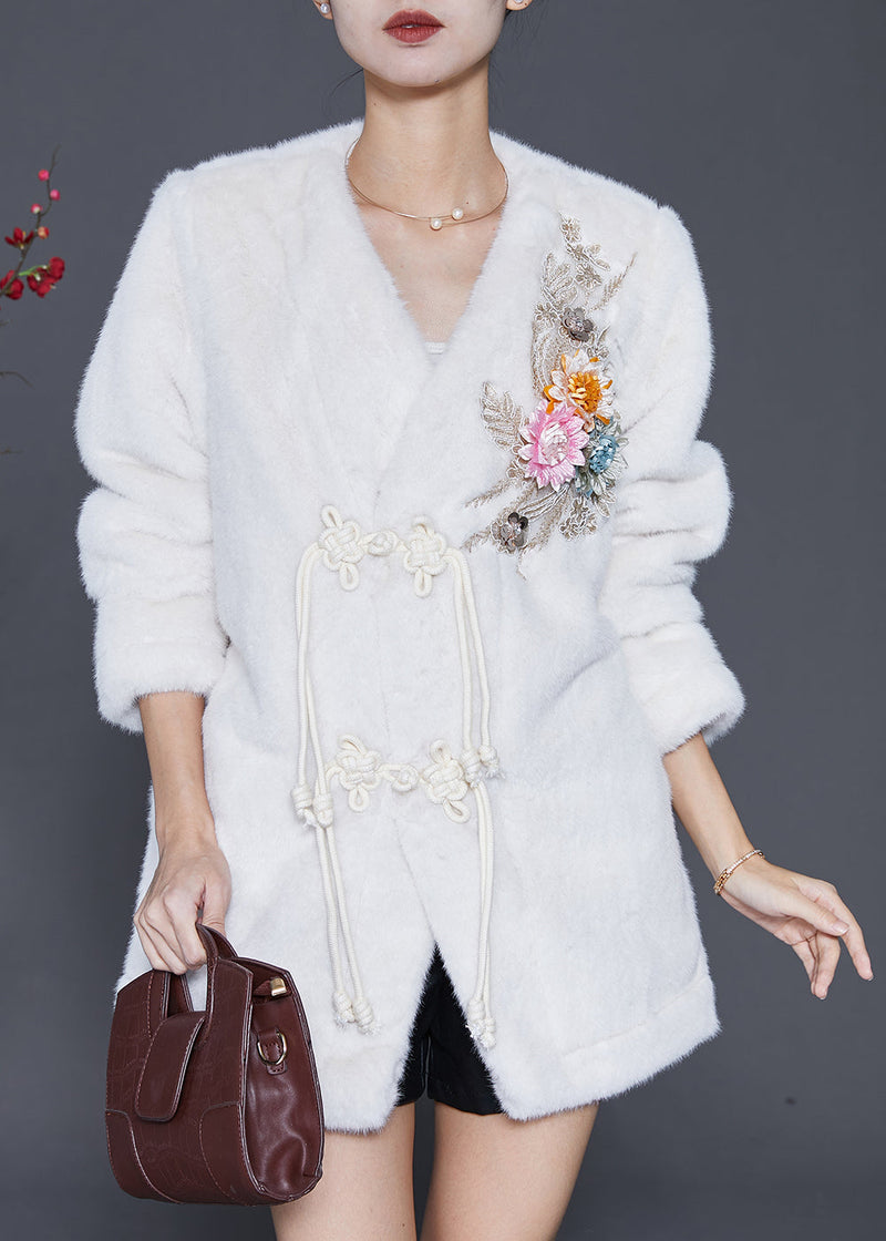 White Chinese Button Faux Fur Jackets Winter