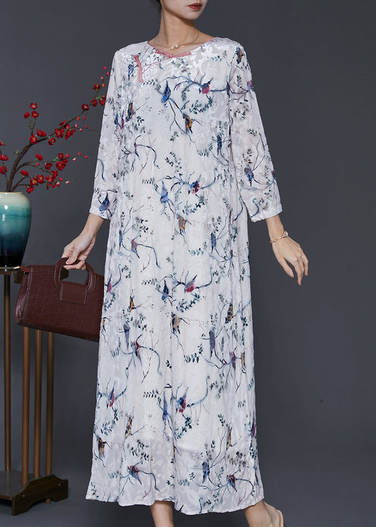 White Chinese Button Print Silk Velvet Dress Spring