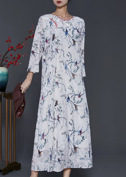 White Chinese Button Print Silk Velvet Dress Spring