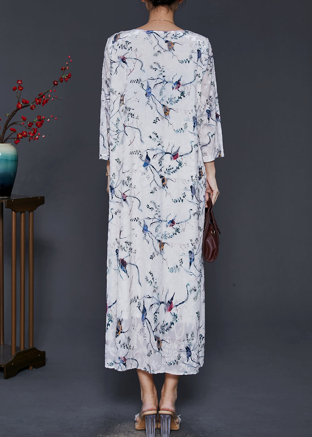 White Chinese Button Print Silk Velvet Dress Spring
